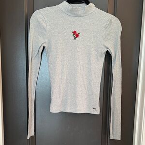 Hollister Light Gray Long Sleeve with Red Rose Embroidery size S